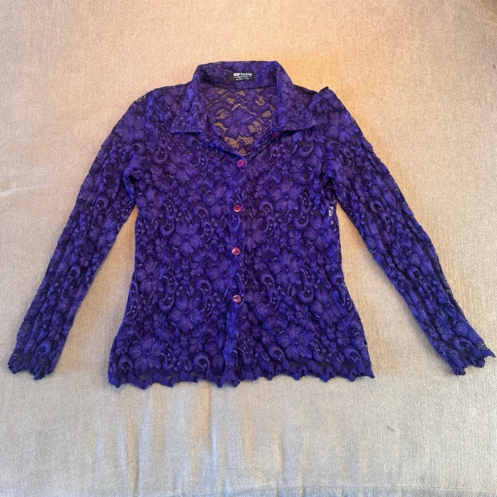 Vintage Purple Lace Long Sleeve Button Up Blouse